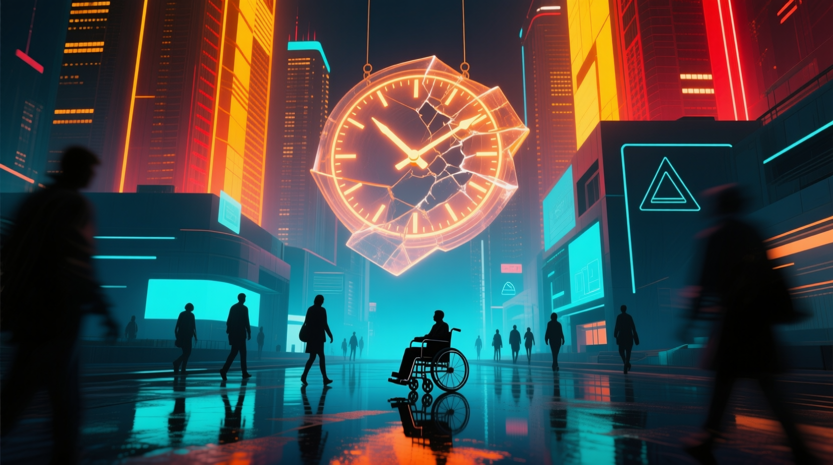 Ein Webentwickler sitzt gestresst vor einem Laptop mit einer Uhr im Hintergrund, die den Zeitdruck symbolisiert, während Barrierefreiheits-Symbole wie WCAG-Logos und Screenreader-Icons sichtbar sind.